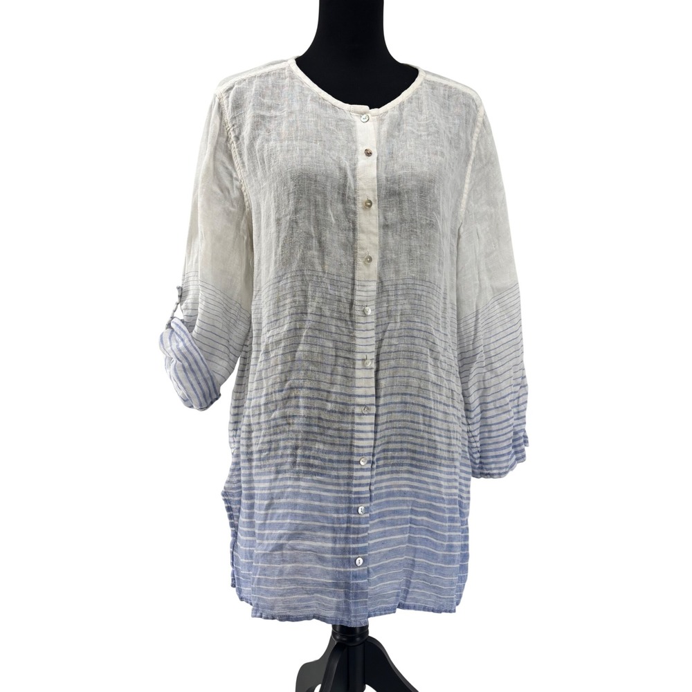 Saint Tropez West Women Blue White Striped 100% Linen Roll Tab Sleeve Tunic L